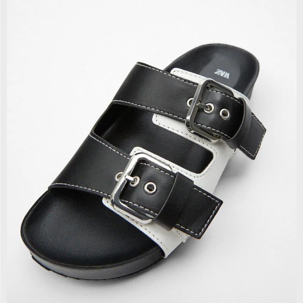Zara Black White Double Buckle Slide Sandals Size 38 US 7.5